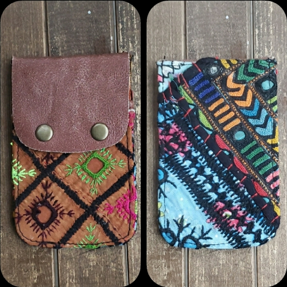 🕺🥂 Free People Boho Embroidered Repurposed vtg banjara hippie Wallet card case